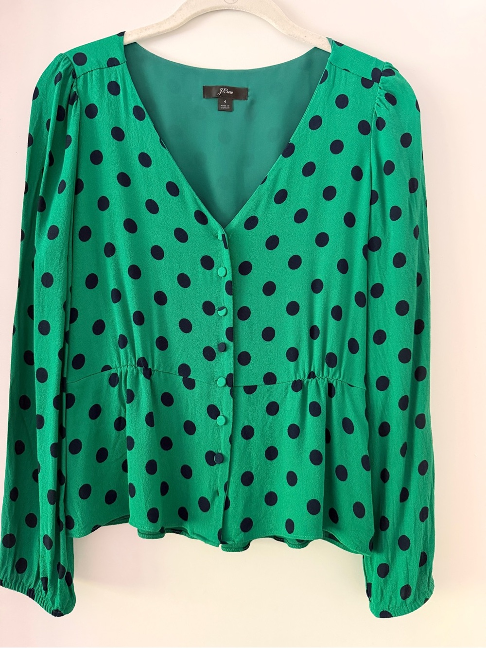 J. Crew Emerald Green Blouse with Navy Polka Dots size 4